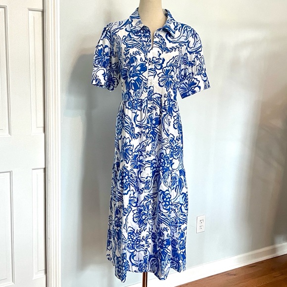 Crown & Ivy, Blue Floral Button Front Puff Sleeve, Shirt Dress,Pockets, Size M/L - Picture 4 of 16